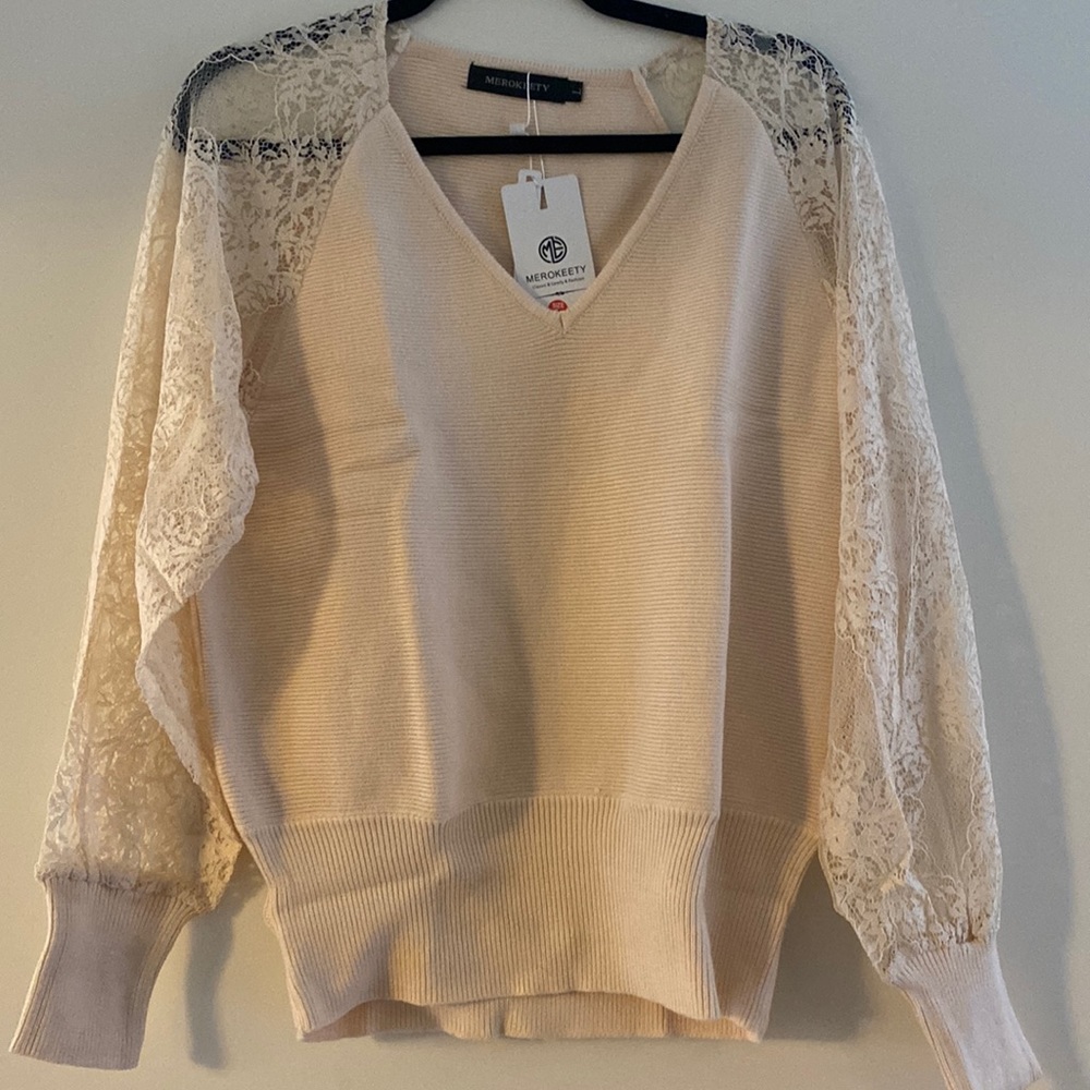 Lace sleeve cream sweater
